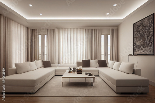 3D rendering  spacious living room design of modern residence  with sofa  tea table  decorative painting  etc