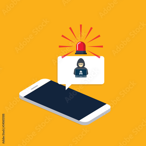 Hacker, malware notification on mobile phone. Smartphone with hacker alert, spam data on cellphone fraud error message, scam, virus.	