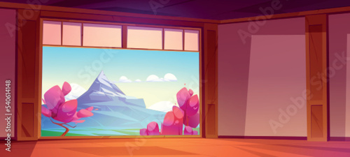 Traditional Japanese room interior, Fuji mountain and cherry blossom view. Colorful cartoon vector illustration of empty apartment or hotel suite and beautiful natural landscape. Travel and tourism