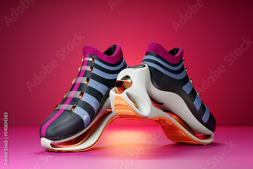 Bright sports colorful unisex sneakers in white and red canvas with high soles. 3d illustration