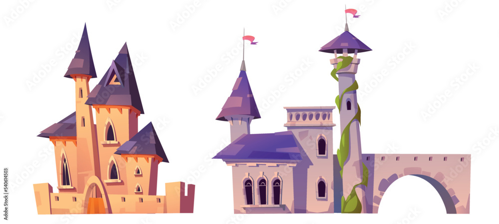Set of cartoon fantasy castles isolated on white background. Vector illustration of fairytale palace with stone fortress and high towers. Medieval kingdom building. Game ui or book design elements