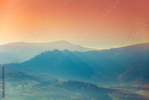 Beautiful mountains during sunset. Gradient color. Carpathian mountains, Ukraine, Europe