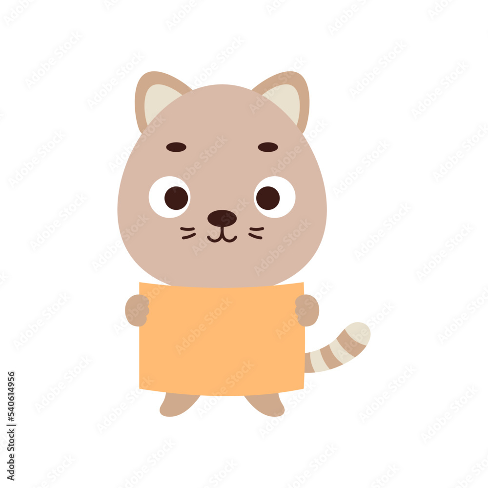 Cute little cat holding paper sheet on white background. Cartoon animal character for kids t-shirt, nursery decoration, baby shower, greeting card, house interior. Vector stock illustration Cute little cat holding paper sheet on white background. Cartoon animal character for kids t-shirt, nursery decoration, baby shower, greeting card, house interior. Vector stock illustration