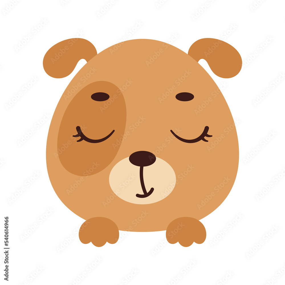 Cute little dog head with closed eyes. Cartoon animal character for kids t-shirts, nursery decoration, baby shower, greeting card, invitation, house interior. Vector stock illustration Cute little dog head with closed eyes. Cartoon animal character for kids t-shirts, nursery decoration, baby shower, greeting card, invitation, house interior. Vector stock illustration