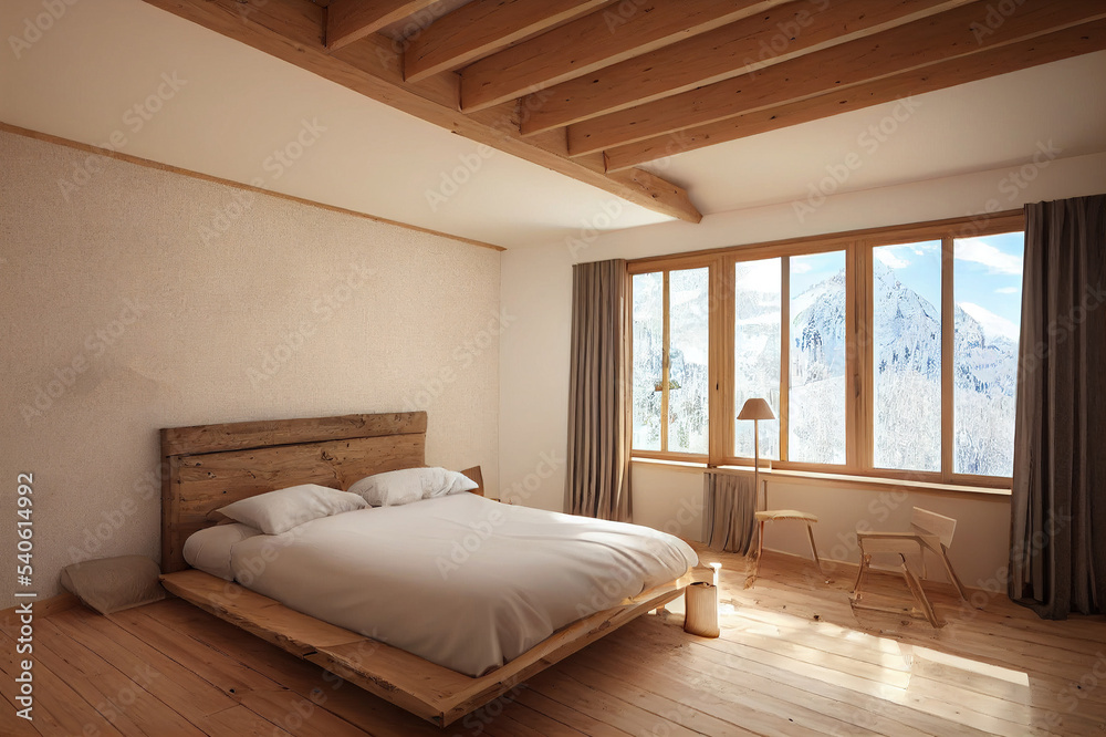 3D Rendering Cozy Bedroom Is In The Attic Of A Chalet Huge Bed With 3d-rendering-cozy-bedroom-is-in-the-attic-of-a-chalet-huge-bed-with