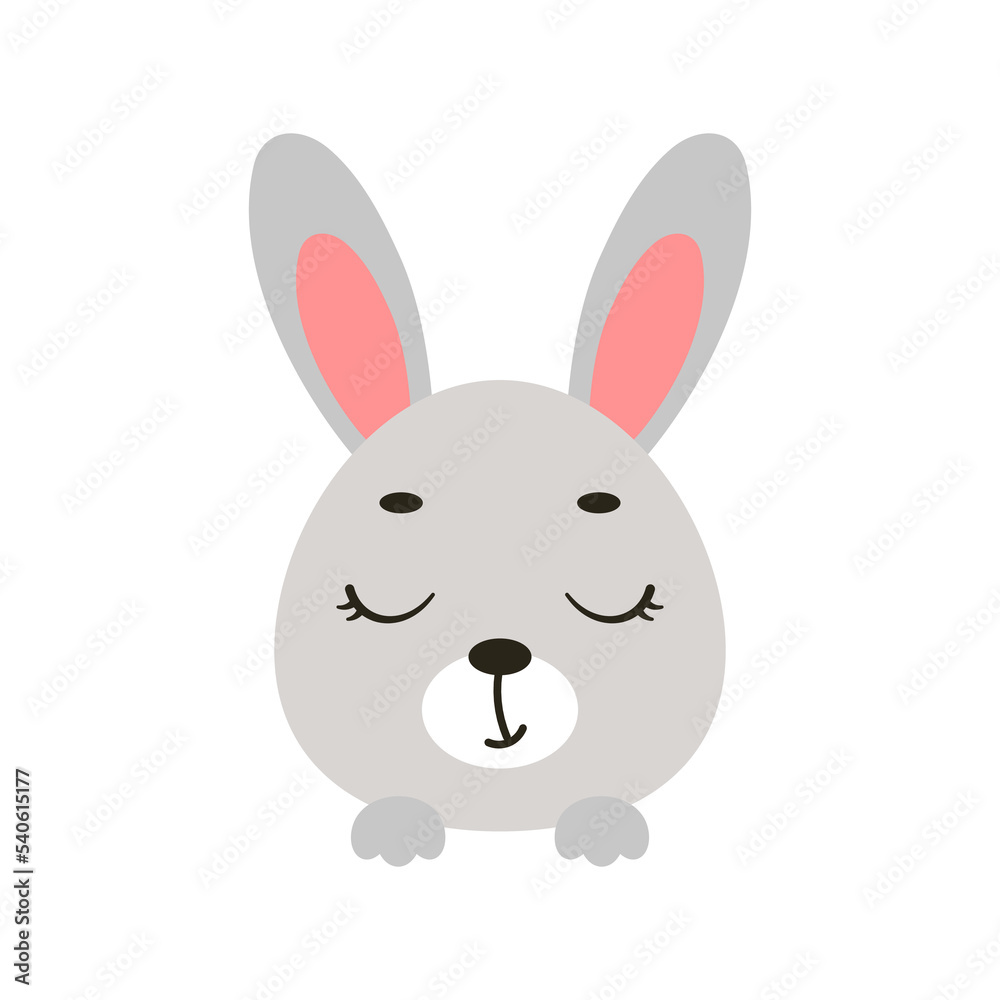Obraz premium Cute little bunny head with closed eyes. Cartoon animal character for kids t-shirts, nursery decoration, baby shower, greeting card, invitation, house interior. Vector stock illustration