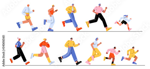 Set of adult people and children running isolated on white background. Flat male and female characters hurrying to goals  rushing on business  jogging. Motivated for success. Vector illustration