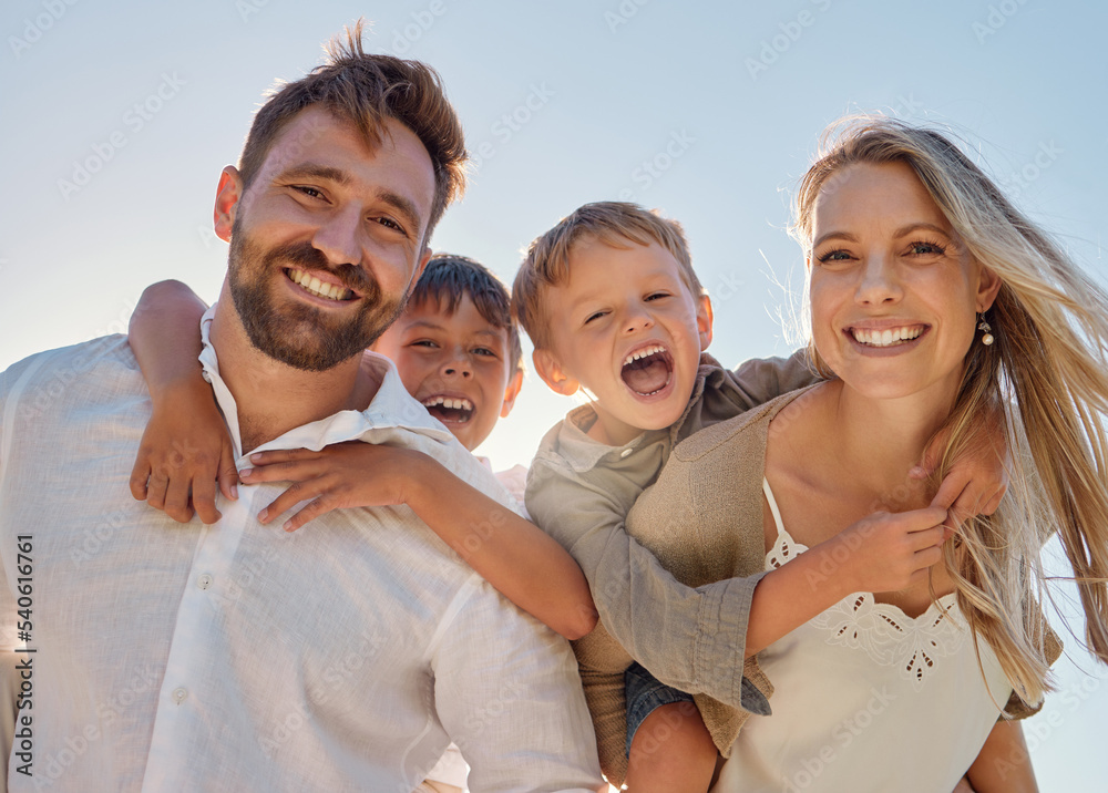 Happy family, portrait and beach with happy, smile and relax mother and father hug, embrace and laughing together. Kids, face and parents on sea vacation with family bonding, excited and cheerful Happy family, portrait and beach with happy, smile and relax mother and father hug, embrace and laughing together. Kids, face and parents on sea vacation with family bonding, excited and cheerful