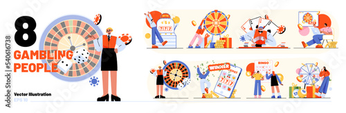 People gambling, flat vector illustration isolated on white. Set of characters playing poker, roulette and slot machine in casino, betting online, winning money in lottery game. Celebrating victory