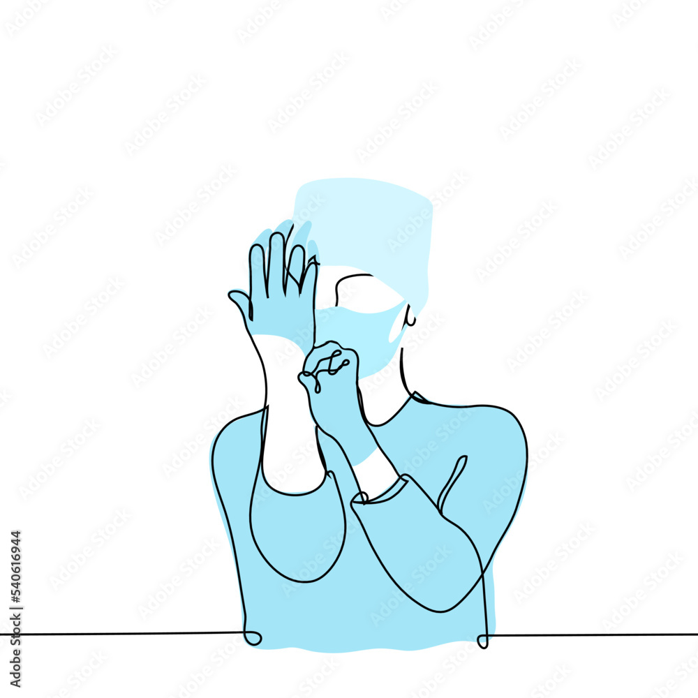 male surgeon in a cap medical suit puts on gloves - one line drawing vector. concept doctor preparing for surgery male surgeon in a cap medical suit puts on gloves - one line drawing vector. concept doctor preparing for surgery