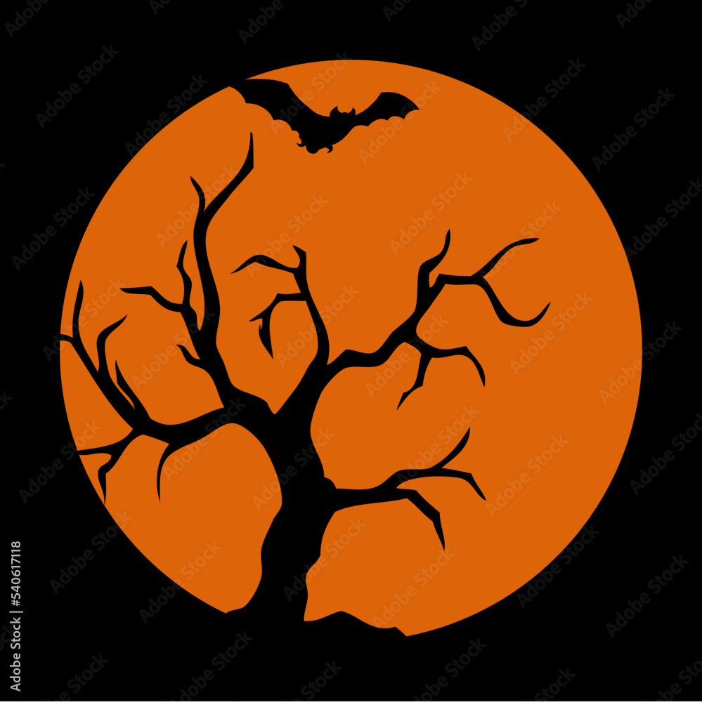 Vector illustration of bat and dry tree silhouette halowen ornament