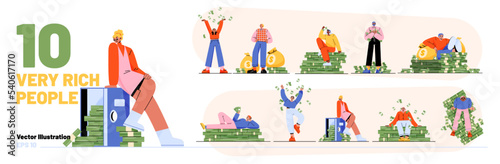 Set of very rich people with lots of money isolated on white. Flat vector illustration of successful characters sitting, lying on piles of cash, throwing dollar banknotes in air. Lucrative business