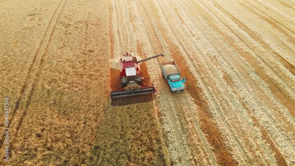Top view of harvester tractor driving in large wheat field and harvesting, loading it into truck that rides near. Machinery in agricultural food industry. Nature landscape. Panning slider drone view. Top view of harvester tractor driving in large wheat field and harvesting, loading it into truck that rides near. Machinery in agricultural food industry. Nature landscape. Panning slider drone view.