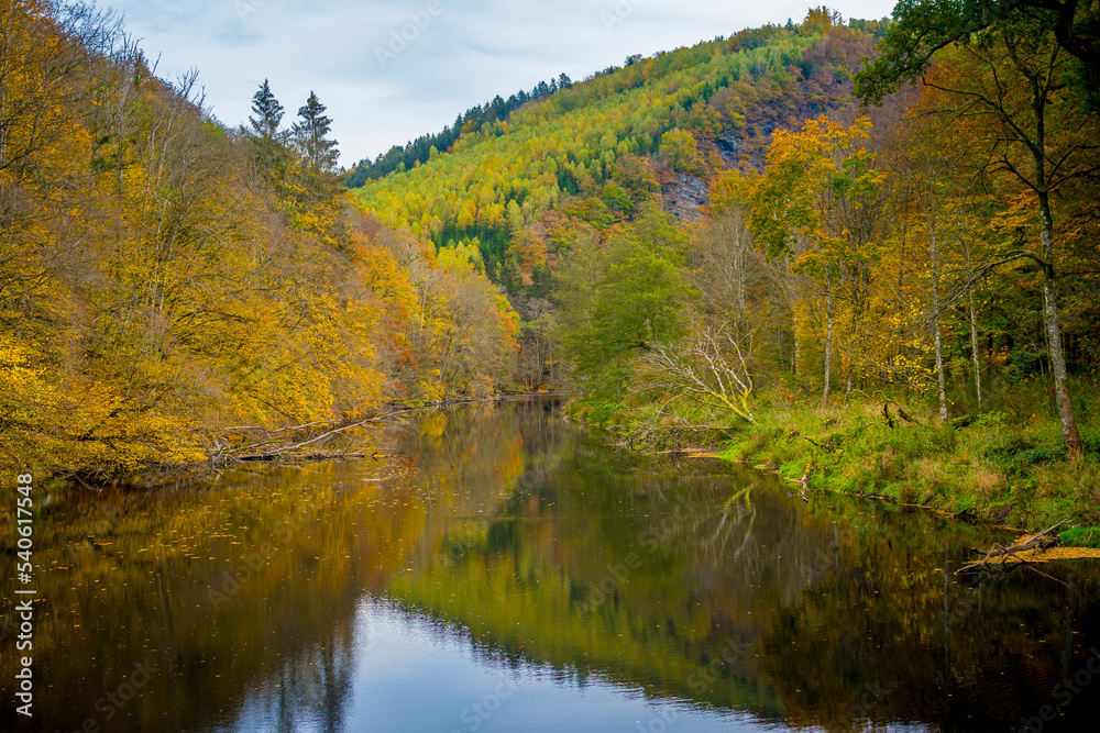 View on the river Ourthe in the Belgian national park Two Ourthes in the Ardennes of Wallonia, Belgium during autumn