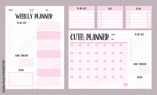 Collection of planners and organizers. Daily and monthly planner, to-do list, notes and habit tracker in pink. Vector Isolated sheets for print, design, decor, kids collection, stationery.