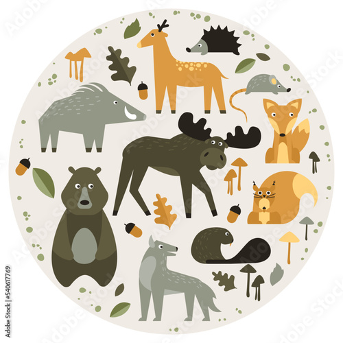 Set of wild animals from European forests. Cute kawaii  elk  bear  boar  fox  etc. Vector illustration in a childish style in the form of a circle. Can be used to decorate school or zoo.