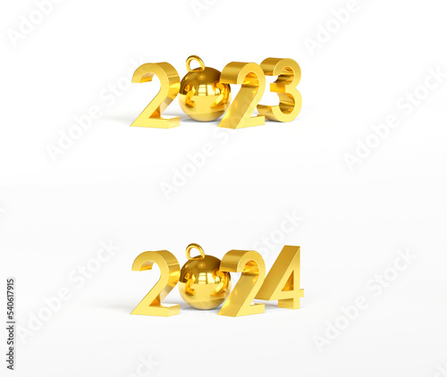 Happy New Year. Celebrate party, 2023, 2024, Merry Christmas, Golden Number, Web Poster, banner, cover card, layout design. 3D Rendering.