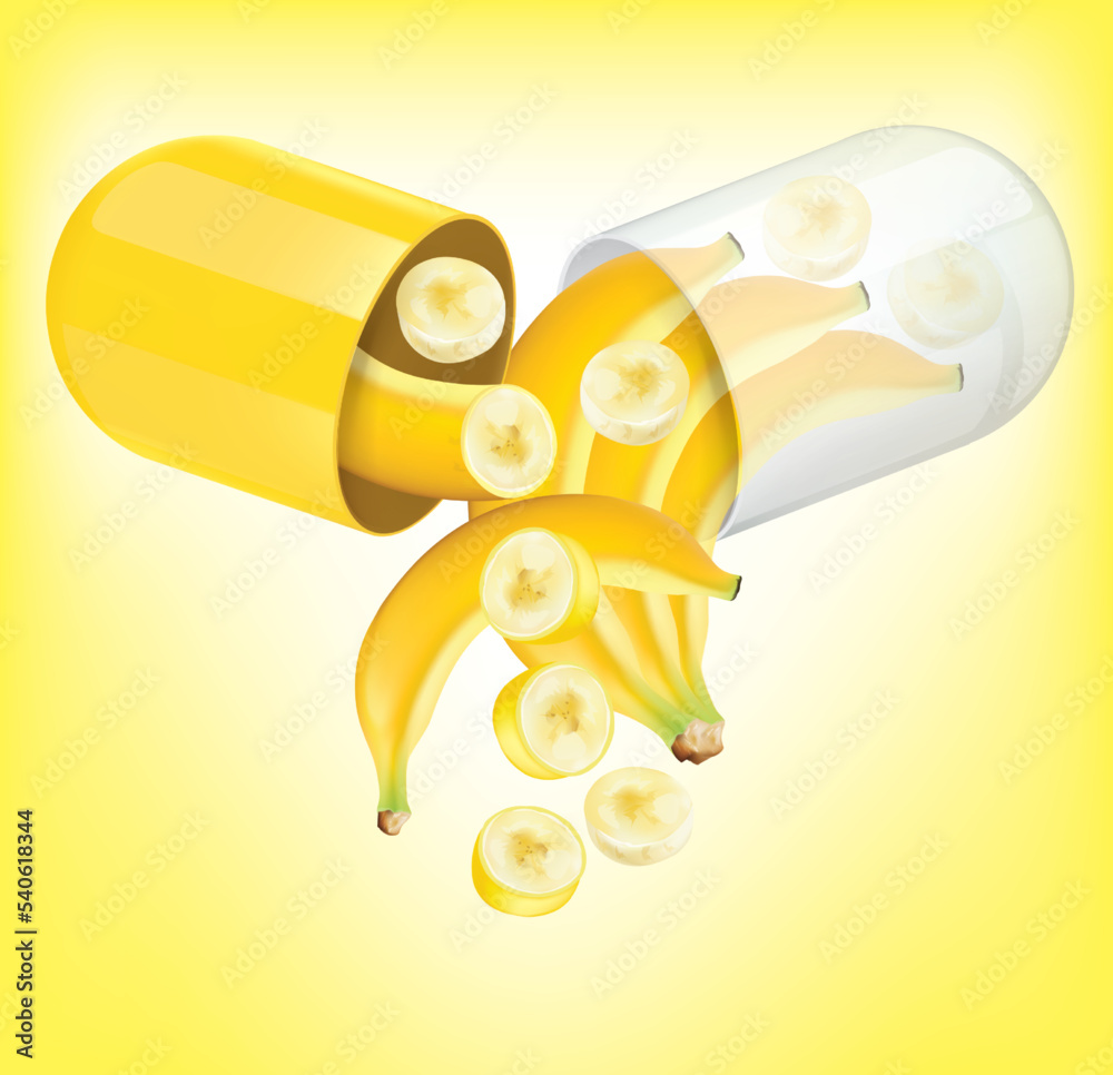Medicinal capsules open up there are banana. illustration vector