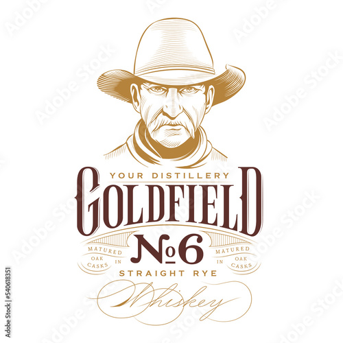 Vintage Whiskey Label Design. Wild West Theme. Hand Drawn Cowboy Illustration
