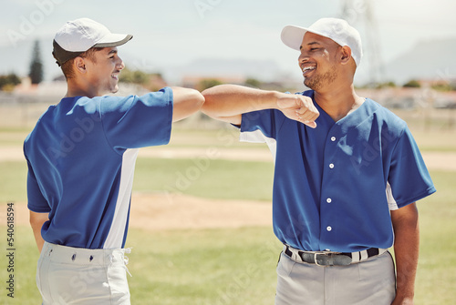 Sports, baseball and collaboration of team friends for game, competition or practice match for exercise, fitness or teamwork. Softball partnership, celebration or athlete men after training workout
