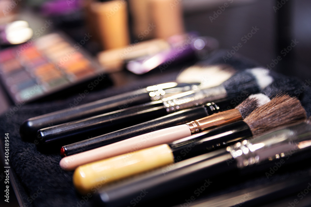 brushes in the workplace of a professional makeup artist, concept of beauty salon and skin care brushes in the workplace of a professional makeup artist, concept of beauty salon and skin care