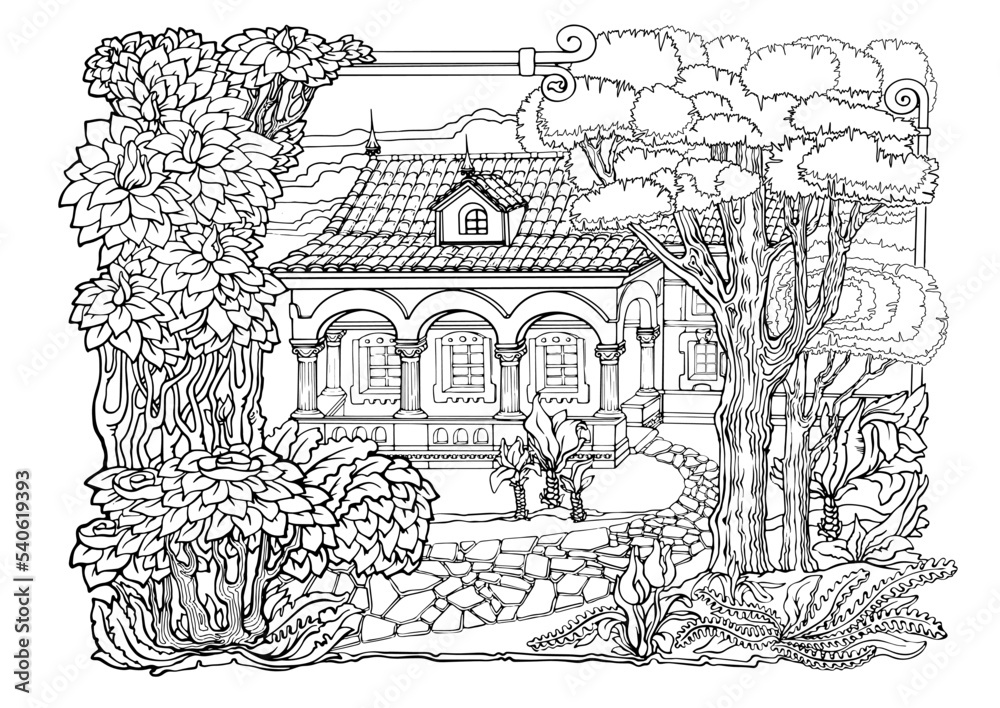 Romantic old town. Coloring Pages. Anti-stress colouring page. Vector