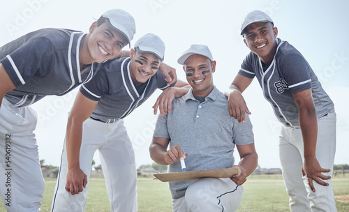 Photography Baseball team, sports coaching and strategy, planning and collaboration for winner motivation on training pitch