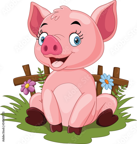 Cartoon baby pig sitting in the grass