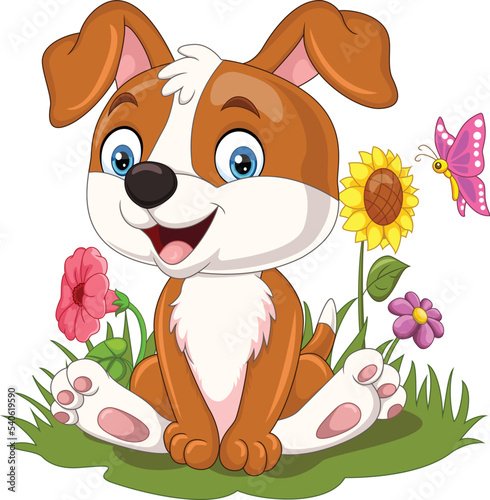 Cartoon cute little dog sitting in the grass