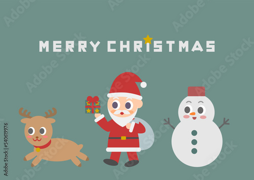 クリスマスのイラスト: サンタクロースとトナカイと雪だるま