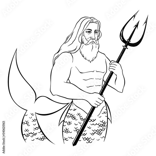 Poseidon, Neptune, Zeus - king God of the sea, freshwater, storms, earthquakes and horses. Monochrome black and white merman ink line art hand drawn sketch vector photo