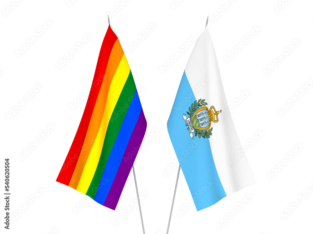 National fabric flags of Rainbow gay pride and San Marino isolated on white background. 3d rendering illustration. National fabric flags of Rainbow gay pride and San Marino isolated on white background. 3d rendering illustration.