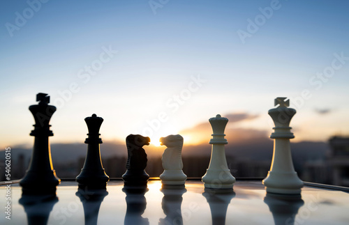 Black and white chess pieces on city background