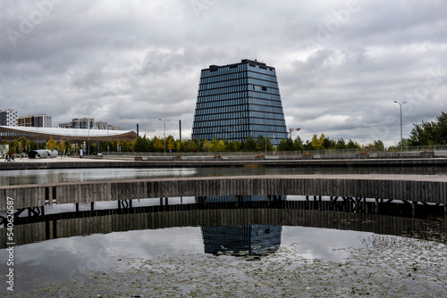 autumn landscape in the architectural and landscape park in Skolkovo on a cloudy autumn day photo