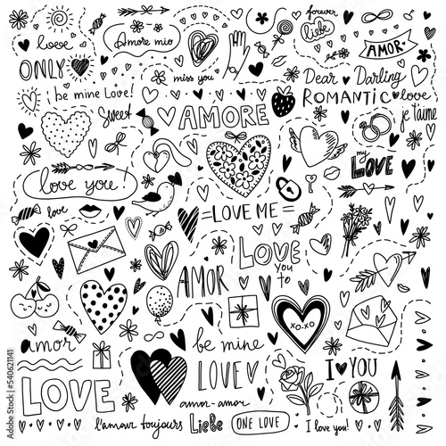 Set of love symbols, a large collection. Drawn sketch of love elements. Hand drawn vector illustration in doodles. For Valentine's Day packaging, postcards, backgrounds.