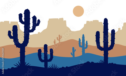 Wild West background. Prairie landscape with mountains and cacti. Western rocks and cactuses. Mexican, Texas or Arisona desert nature scene. Hand drawn Vector illustration in flat cartoon style.