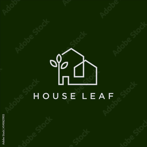 minimal line art house and leaf logo vector