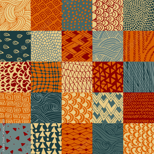 Abstract seamless patchwork pattern from square patches with doodle ornaments. Print for fabric in boho style.