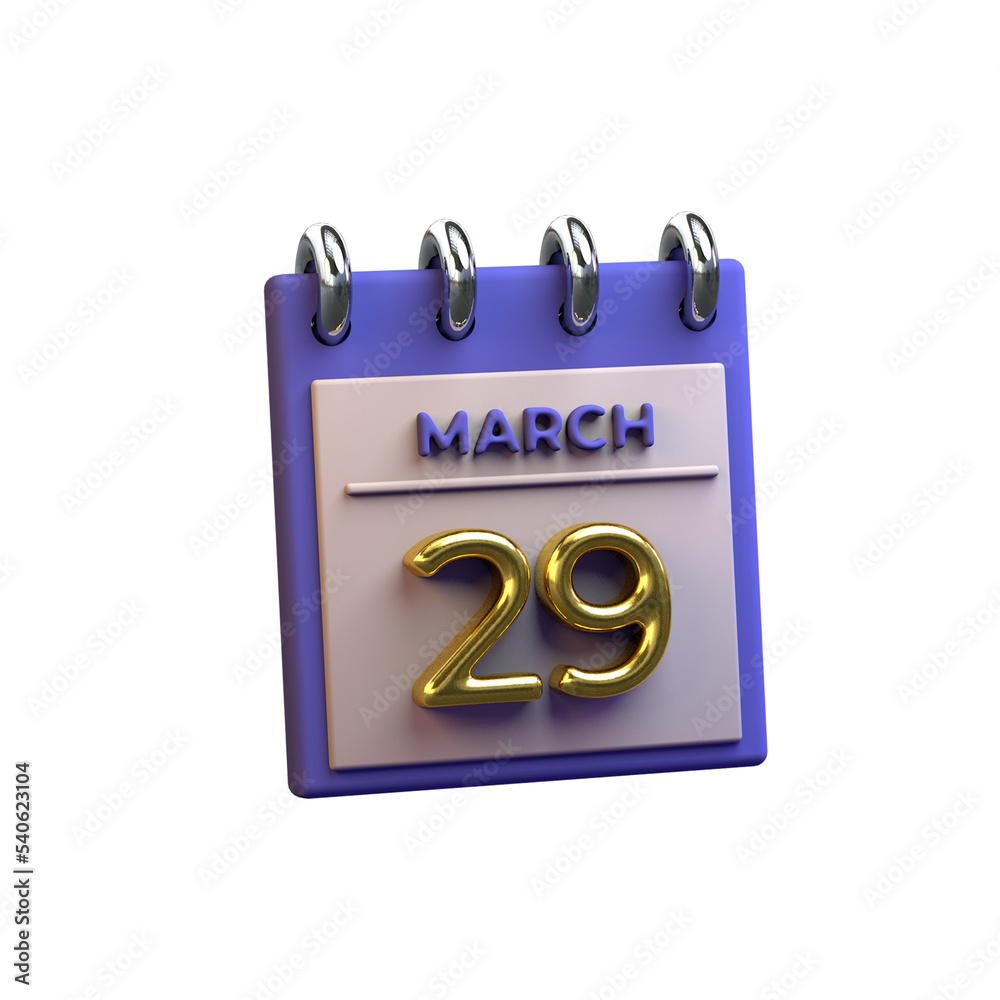 29 March monthly calendar 3D rendering 29 March monthly calendar 3D rendering