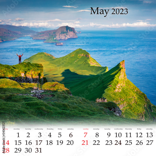 Square wall monthly calendar ready for print, May 2023. Set of calendars with beautiful landscapes. Majestic spring view of Alaberg cliffs, Faroe Islands, Denmark, Europe. photo