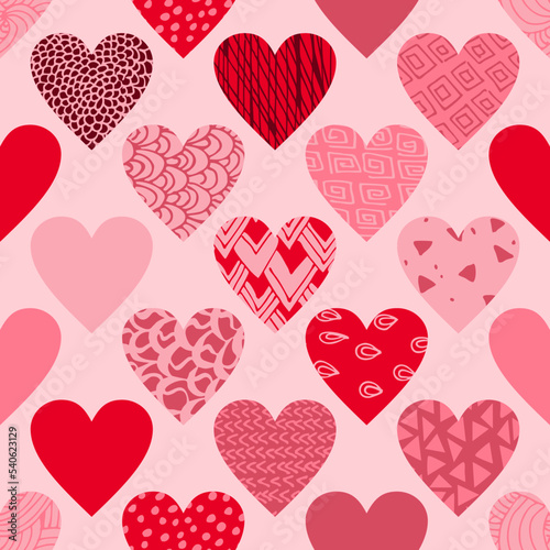 Valentine s day seamless pattern. Hearts with doodle ornaments on light pink background