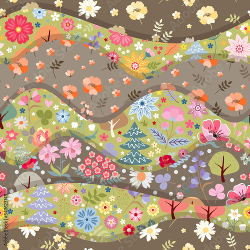 Seamless patchwork pattern with floral ornaments. Fantasy motifs. Vector illustration.