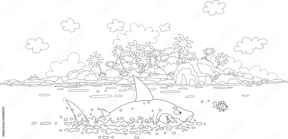 Funny great white shark and a cheerful small fish playing catch-up in a lagoon of a tropical palm island in a southern sea, black and white outline vector cartoon illustration for a coloring book page