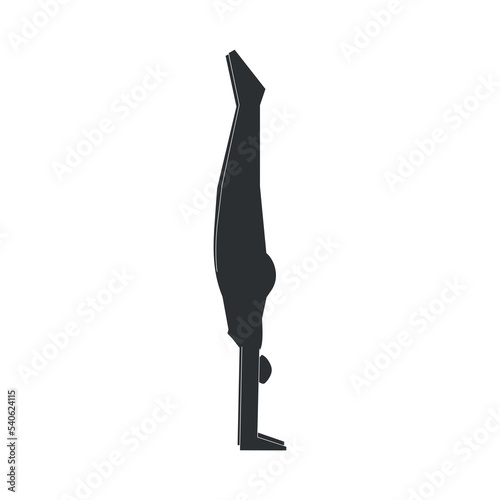 Vector isolated illustration with flat black silhouette of female character. Sportive woman learns yoga posture Adho Mukha Vrksasana. Fitness exercise - Handstand Pose. Minimalistic design