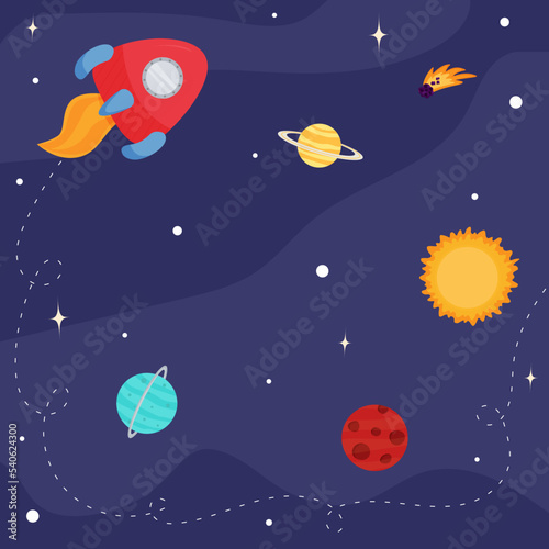 Space background with rocket, sun, planets in cartoon style