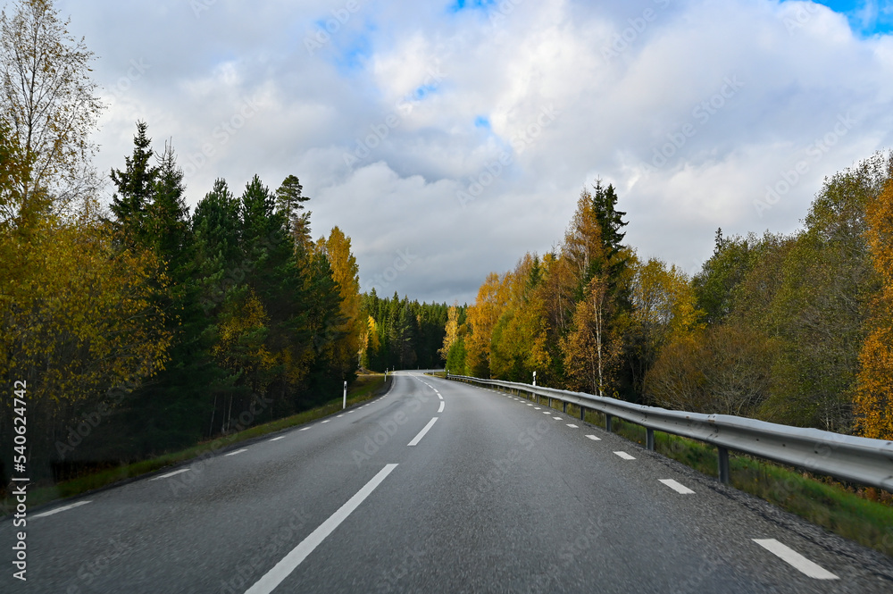 Foto from car driving through autumn forest in Sweden Foto from car driving through autumn forest in Sweden