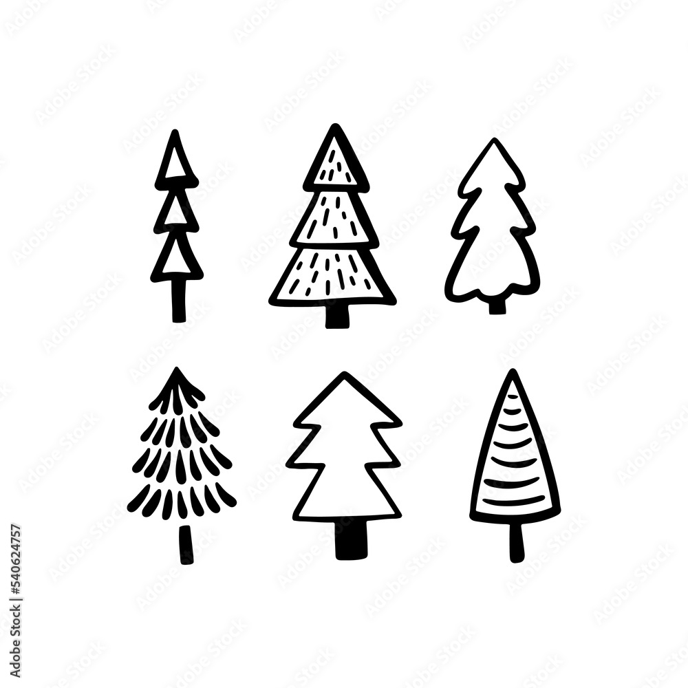 Christmas Tree various set. Collection black-white silhouette. Ink sketch. Monochrome hand drawn vector illustration in doodle style.

