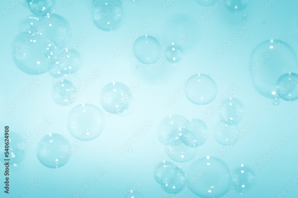 Abstract Transparent Blue Soap Bubbles Background. Freshness Soap Sud Bubbles Water.