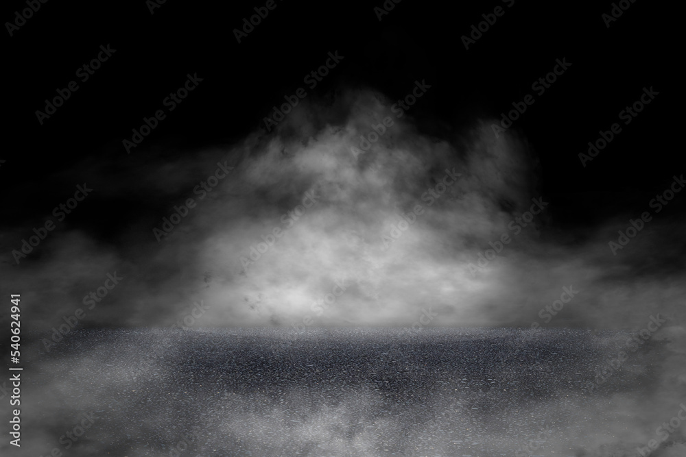 Asphalt concrete floor with smoke or fog in dark room with spotlight. Asphalt night street. Mist on black background, black and white Asphalt concrete floor with smoke or fog in dark room with spotlight. Asphalt night street. Mist on black background, black and white