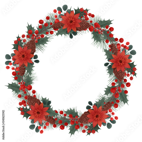 Christmas wreath in watercolor style. Isolated clipart element.